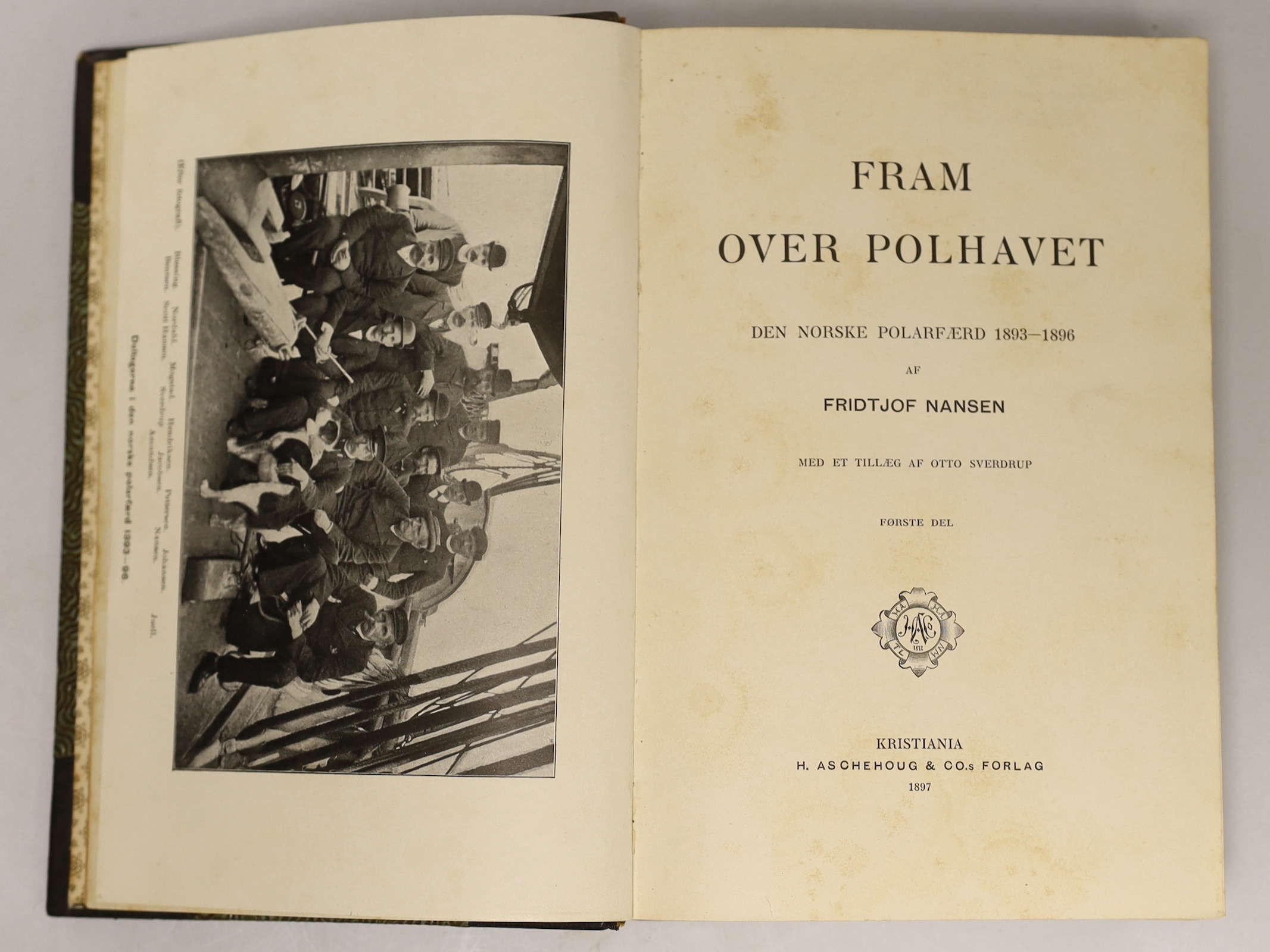 Nansen, Fridtjof - Fram over Polhavet: den Norske Polarfaerd 1893-1896. 2 vols. photogravure portrait, 42 plates (3 coloured and folded) and 3 coloured and folded maps; contemp. half morocco and cloth, patterned e/ps. Kr